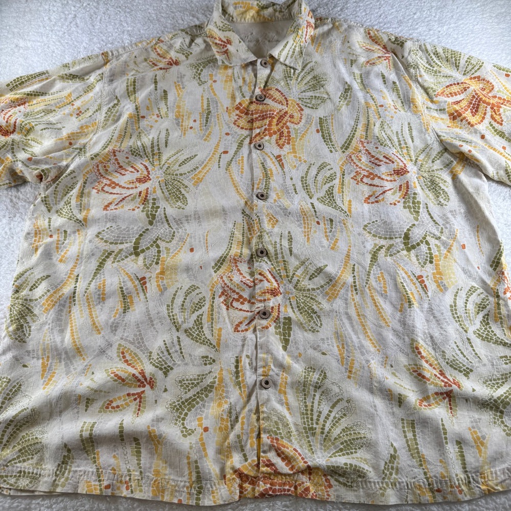 Vintage Y2K Tommy Bahama 100% Silk Button Up Shirt Beach XXL 2XL Tan Yellow